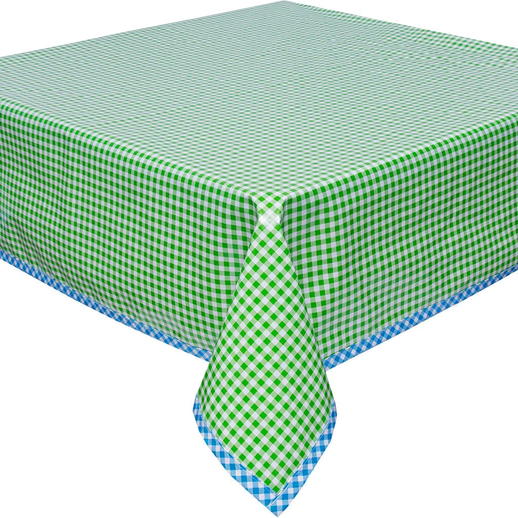 48 x 102 Gingham Lime Oilcloth Tablecloth with Navy Gingham Trim & Umbrella Hole