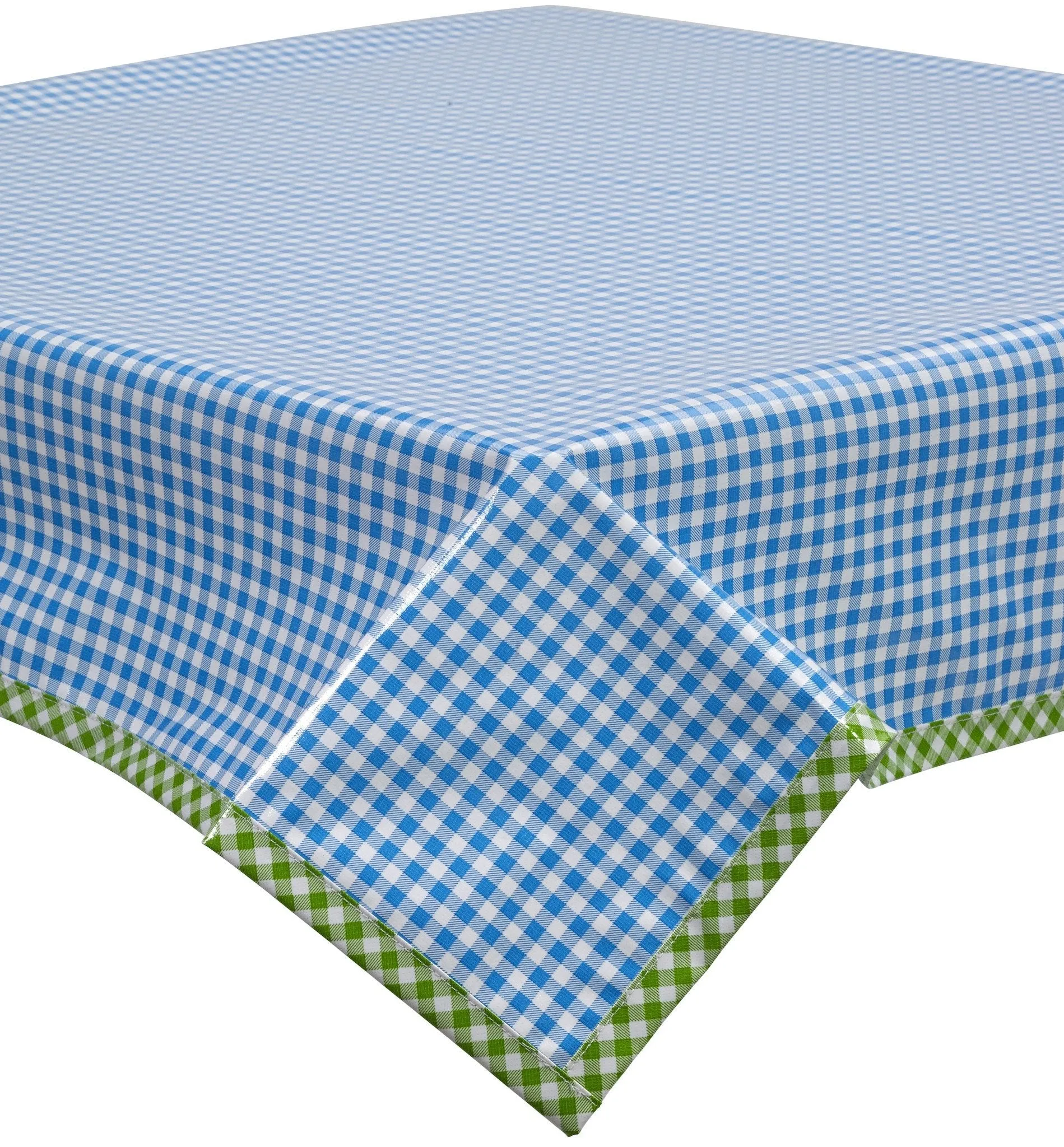 48 x 48 Gingham Light Blue Oilcloth Tablecloth with Lime Gingham Trim