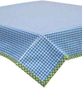 48 x 48 Gingham Light Blue Oilcloth Tablecloth with Lime Gingham Trim