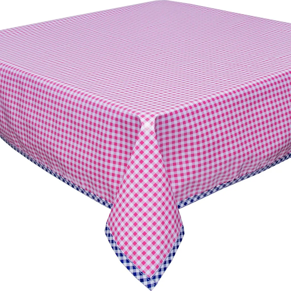 48 x 48 Gingham Pink Oilcloth Tablecloth with Navy Gingham Trim