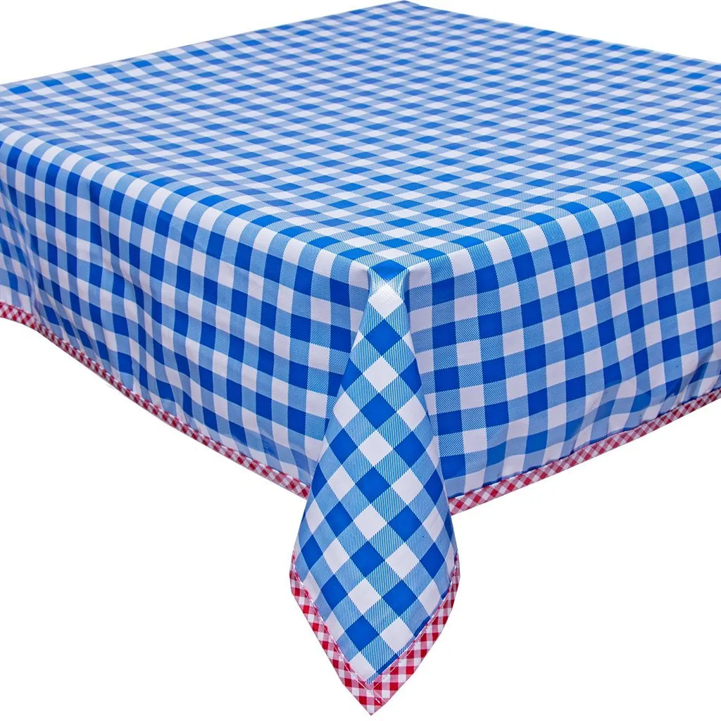 48 x 48 Large Gingham Blue Oilcloth Tablecloth with Red Gingham Trim