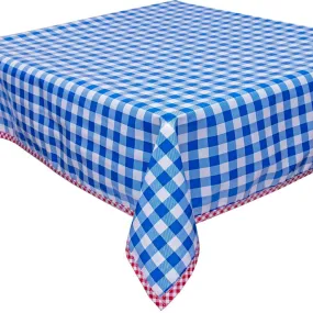 48 x 48 Large Gingham Blue Oilcloth Tablecloth with Red Gingham Trim