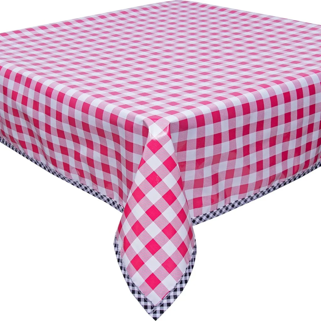 48 x 48 Large Gingham Pink Oilcloth Tablecloth with Black Gingham Trim