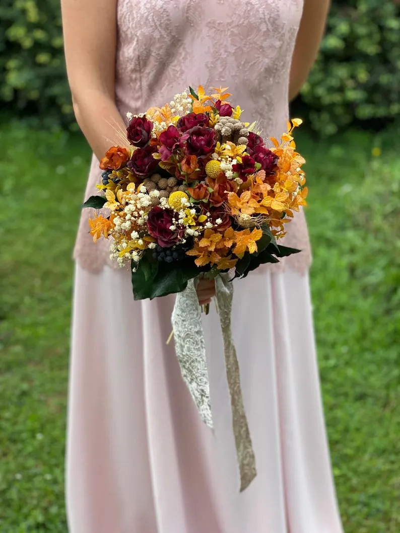 Autumn wedding bouquet Burgundy and orange bridal bouquet Ochre wedding bouquet Magaela accessories Bouquet for bride Fall wedding Handmade