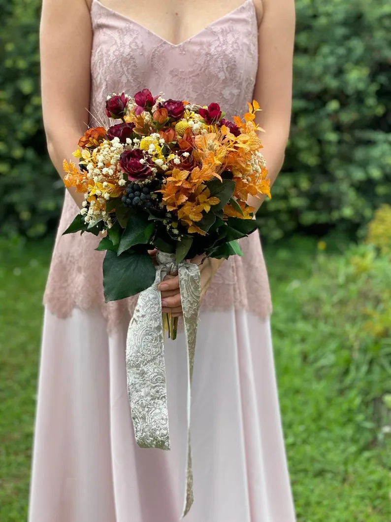 Autumn wedding bouquet Burgundy and orange bridal bouquet Ochre wedding bouquet Magaela accessories Bouquet for bride Fall wedding Handmade