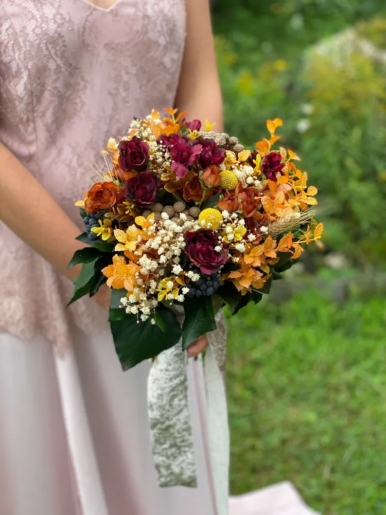 Autumn wedding bouquet Burgundy and orange bridal bouquet Ochre wedding bouquet Magaela accessories Bouquet for bride Fall wedding Handmade