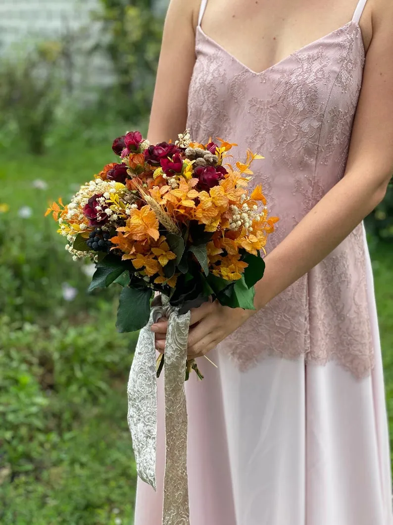 Autumn wedding bouquet Burgundy and orange bridal bouquet Ochre wedding bouquet Magaela accessories Bouquet for bride Fall wedding Handmade
