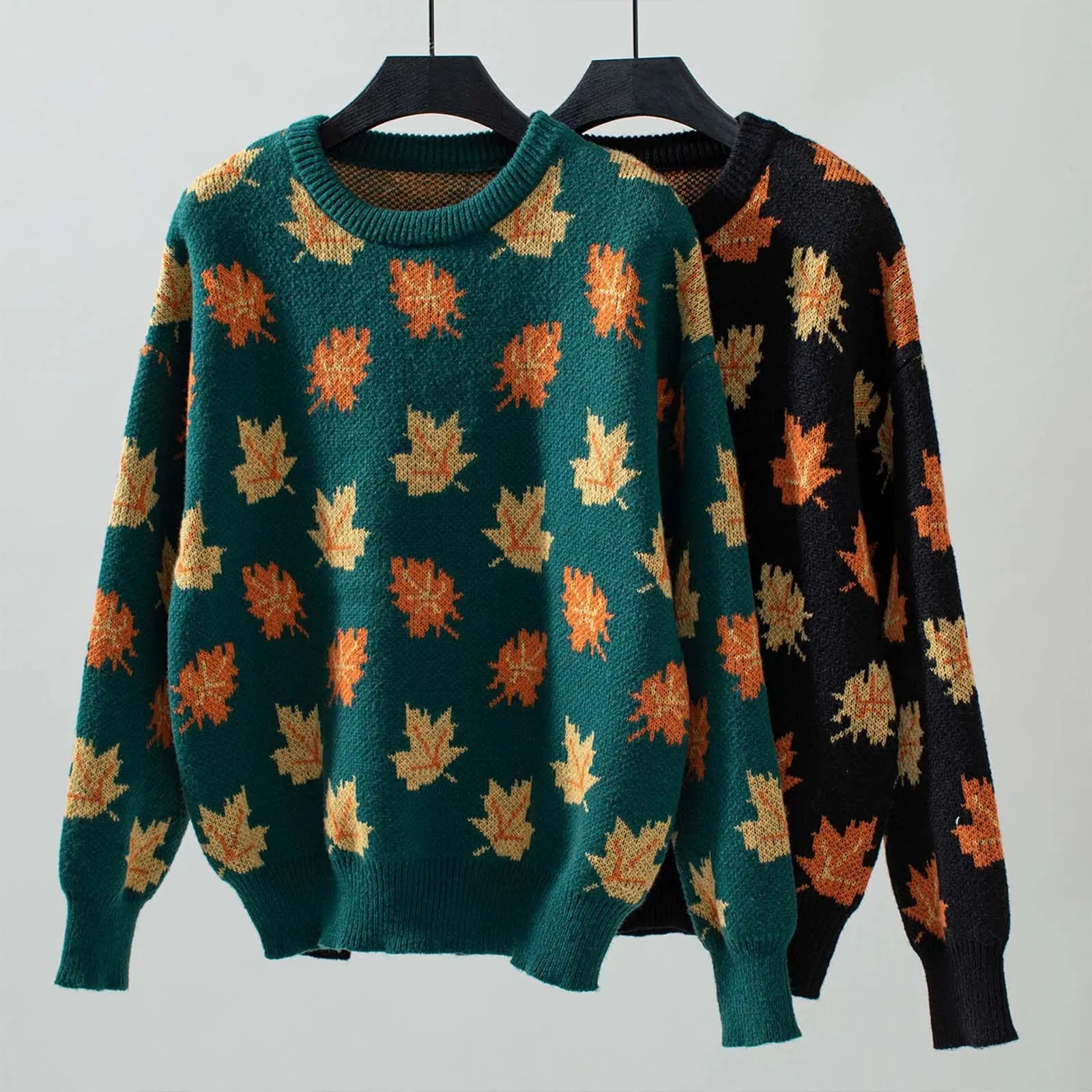 Autumn Winter New Sweater Maple Leaf Pattern Knitted Pullovers 2024 Women's Commuter Round Neck Large Size Loose Sweater Tops