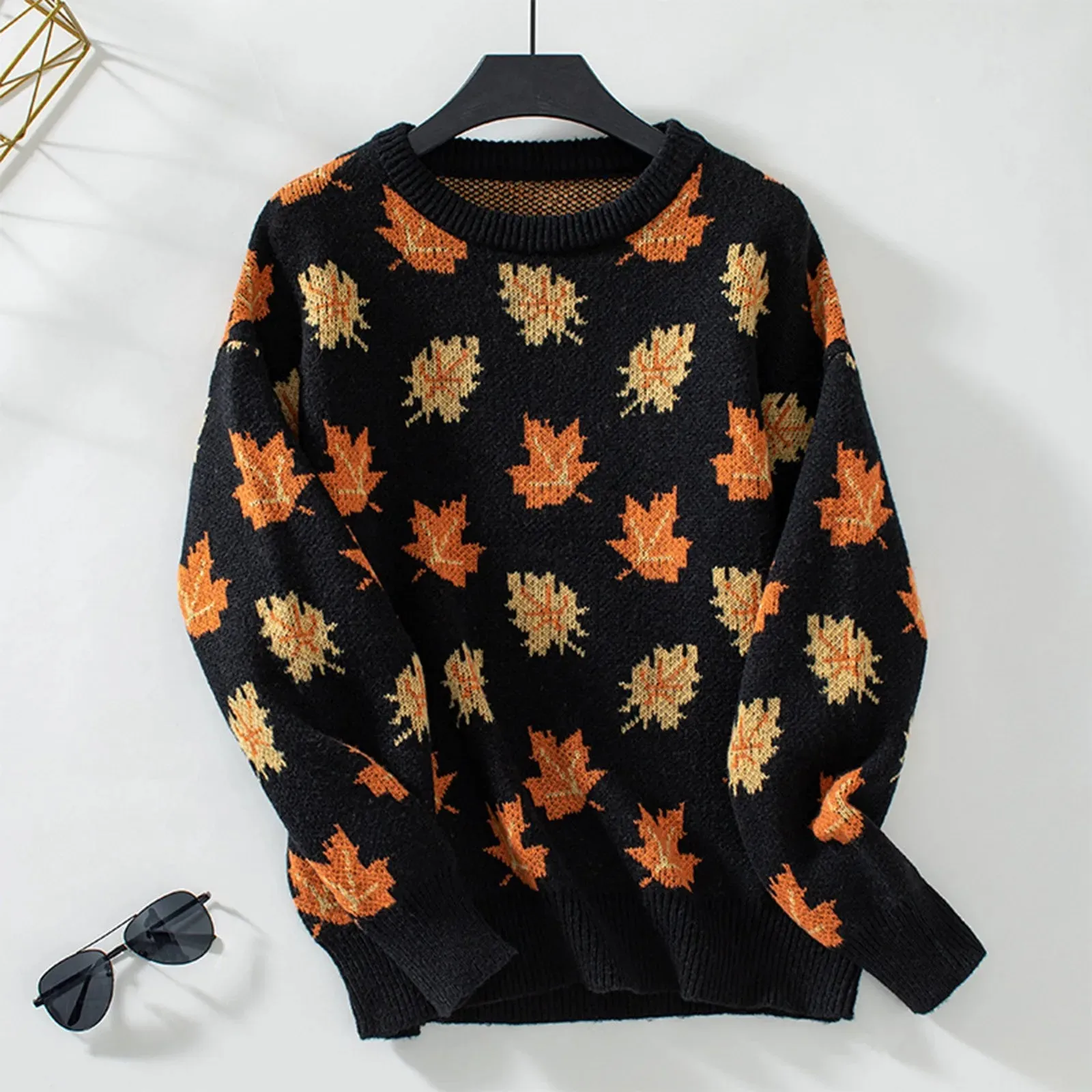 Autumn Winter New Sweater Maple Leaf Pattern Knitted Pullovers 2024 Women's Commuter Round Neck Large Size Loose Sweater Tops
