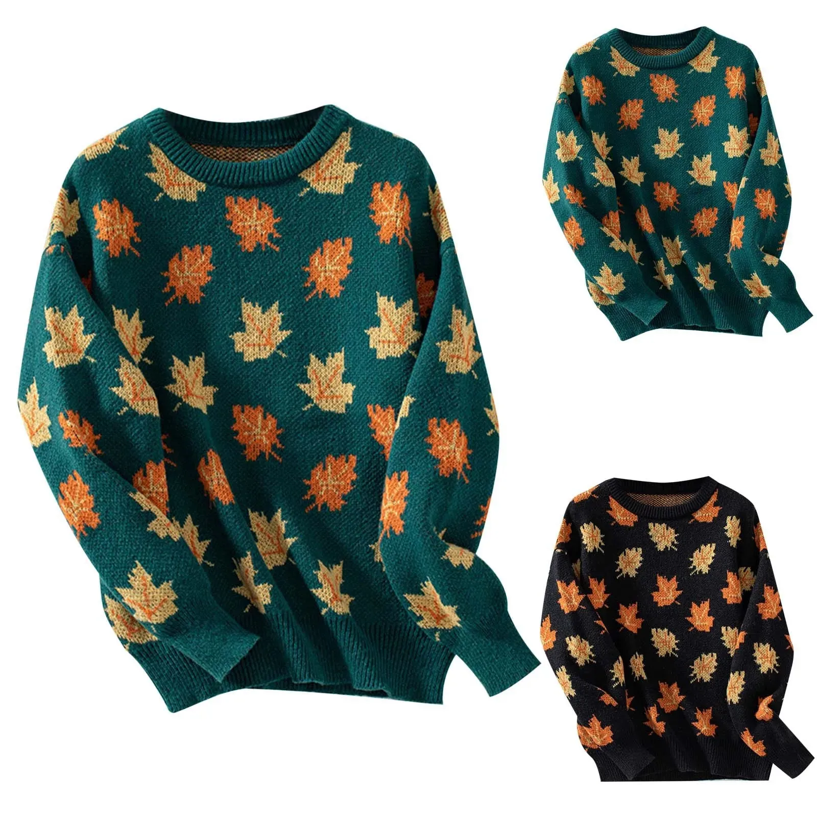 Autumn Winter New Sweater Maple Leaf Pattern Knitted Pullovers 2024 Women's Commuter Round Neck Large Size Loose Sweater Tops