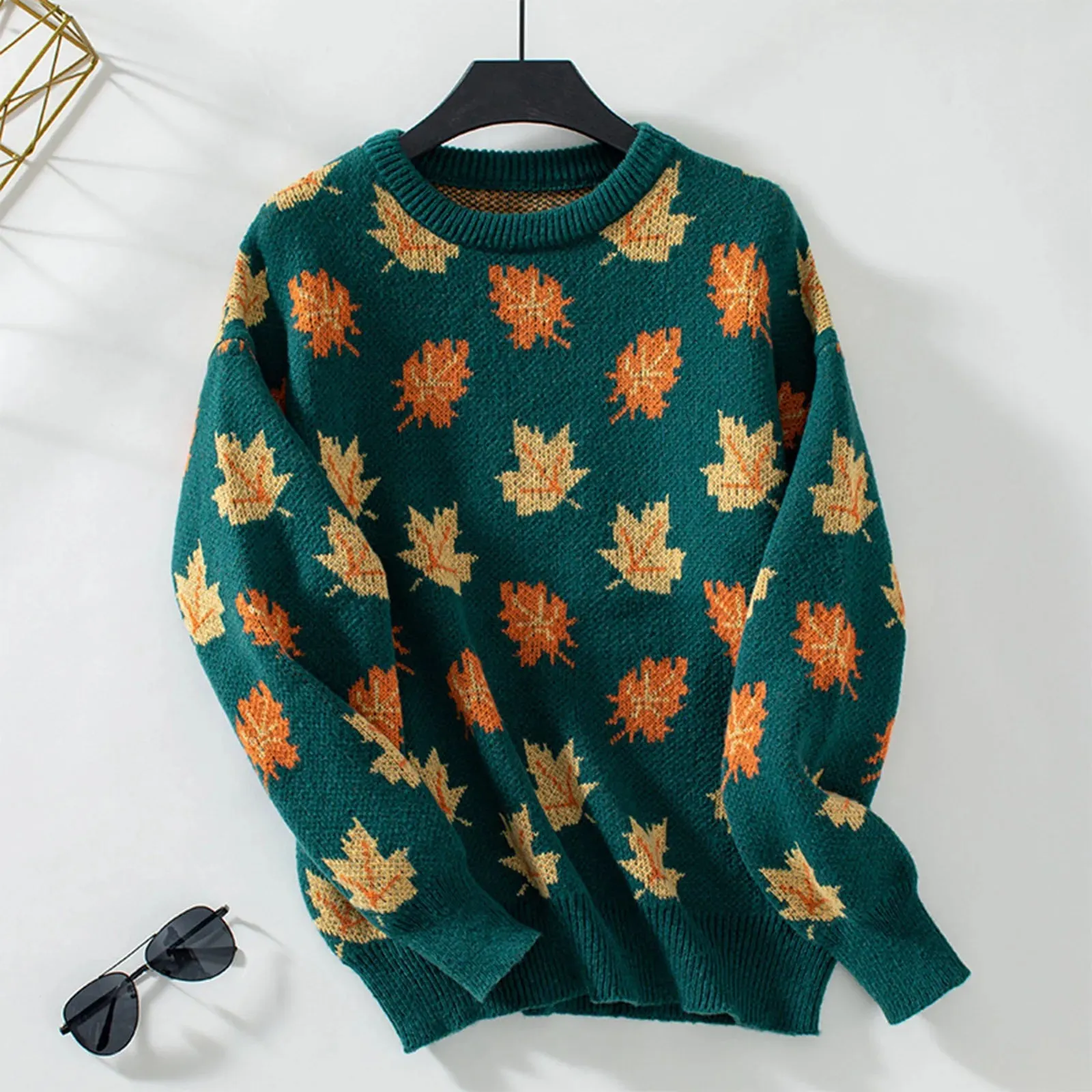 Autumn Winter New Sweater Maple Leaf Pattern Knitted Pullovers 2024 Women's Commuter Round Neck Large Size Loose Sweater Tops
