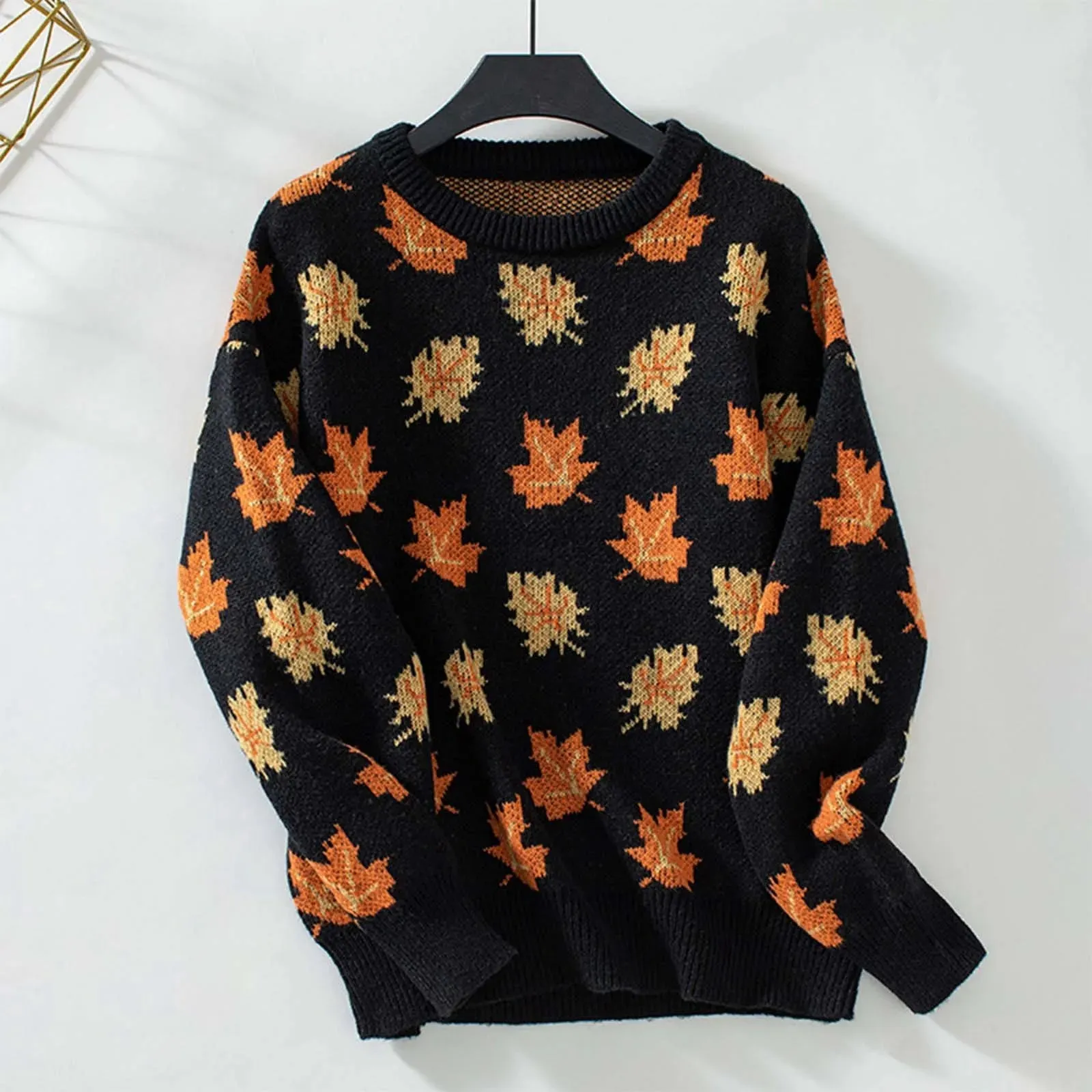 Autumn Winter New Sweater Maple Leaf Pattern Knitted Pullovers 2024 Women's Commuter Round Neck Large Size Loose Sweater Tops