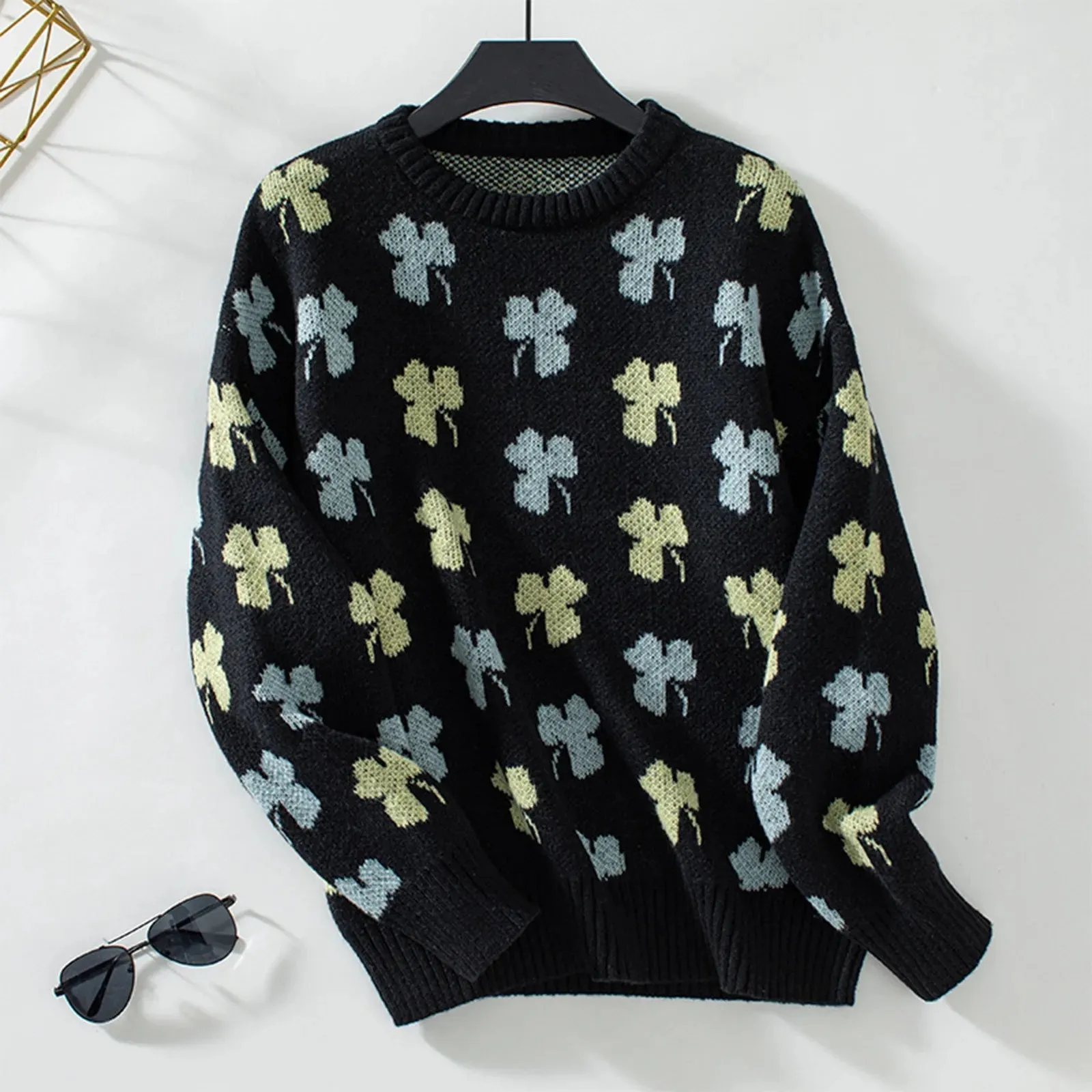 Autumn Winter New Sweater Maple Leaf Pattern Knitted Pullovers 2024 Women's Commuter Round Neck Large Size Loose Sweater Tops