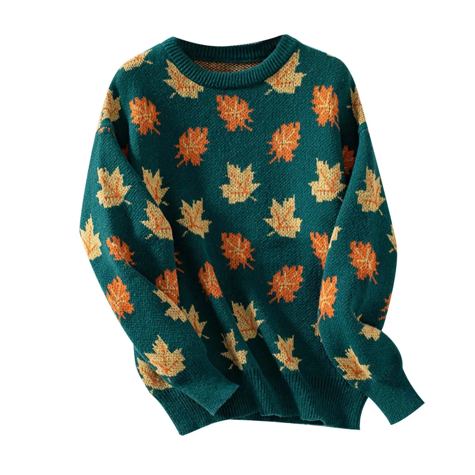 Autumn Winter New Sweater Maple Leaf Pattern Knitted Pullovers 2024 Women's Commuter Round Neck Large Size Loose Sweater Tops