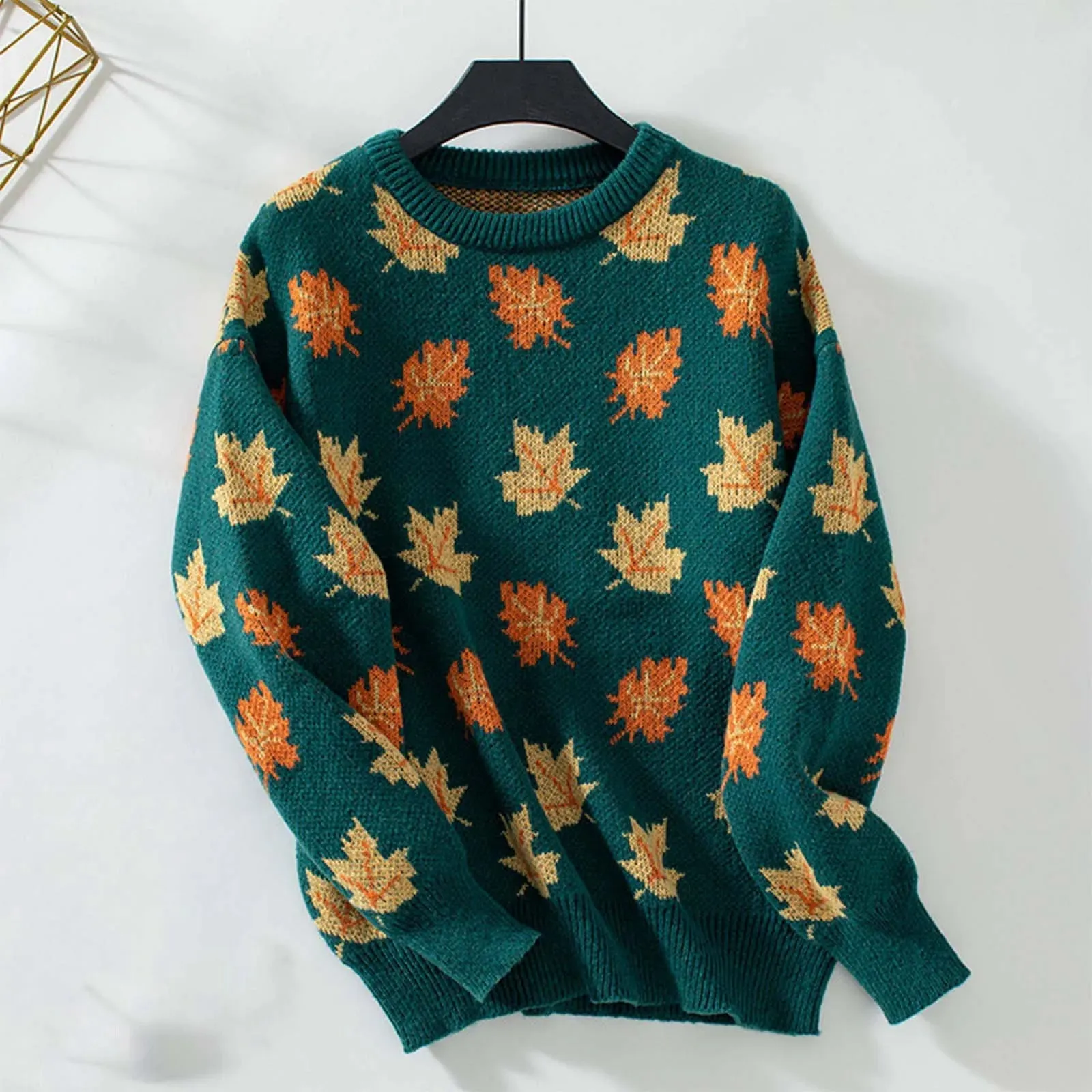 Autumn Winter New Sweater Maple Leaf Pattern Knitted Pullovers 2024 Women's Commuter Round Neck Large Size Loose Sweater Tops