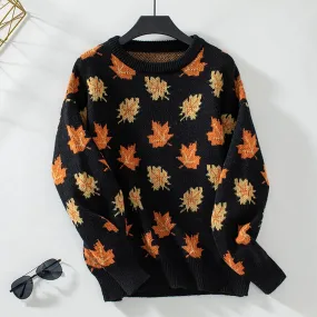 Autumn Winter New Sweater Maple Leaf Pattern Knitted Pullovers 2024 Women's Commuter Round Neck Large Size Loose Sweater Tops