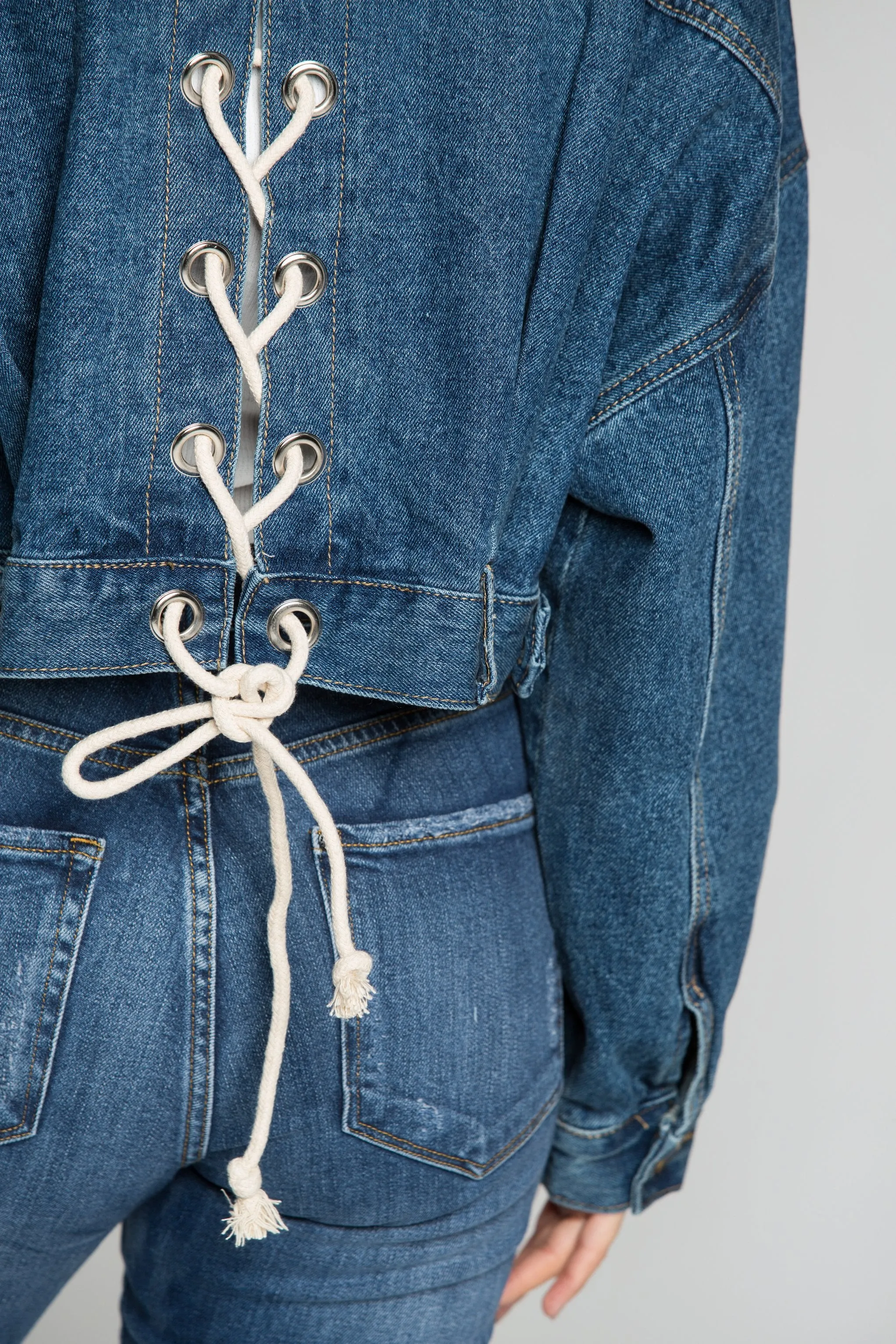 Azure Blue Criss Cross Tie Up Denim Jacket