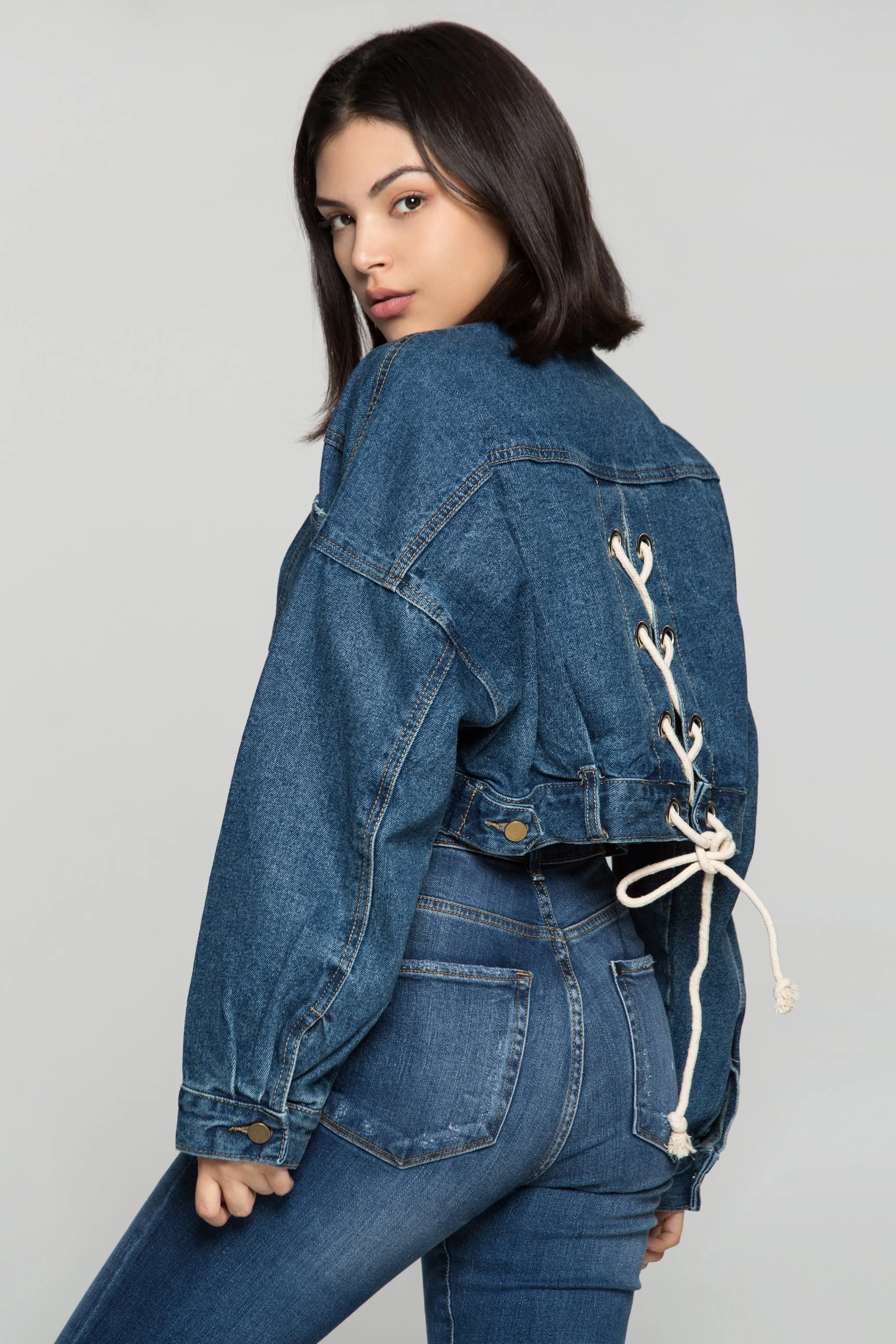 Azure Blue Criss Cross Tie Up Denim Jacket