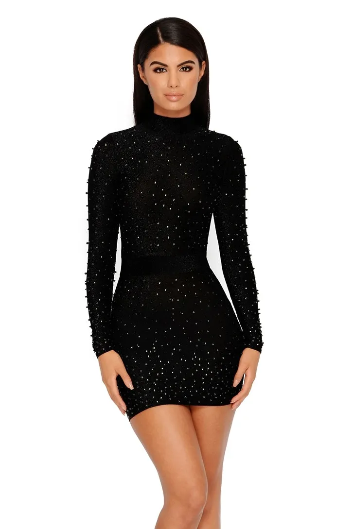 Bead I Say More High Neck Embellished Mini Dress in Black