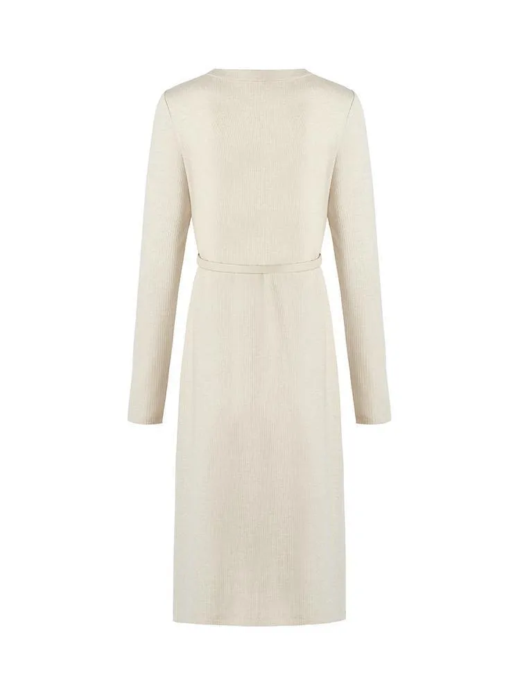 Beige Knitted Gathered Waist Dress
