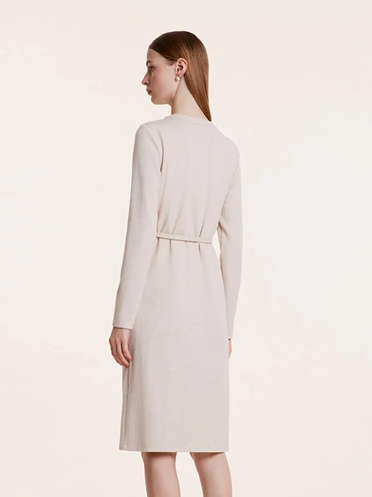 Beige Knitted Gathered Waist Dress