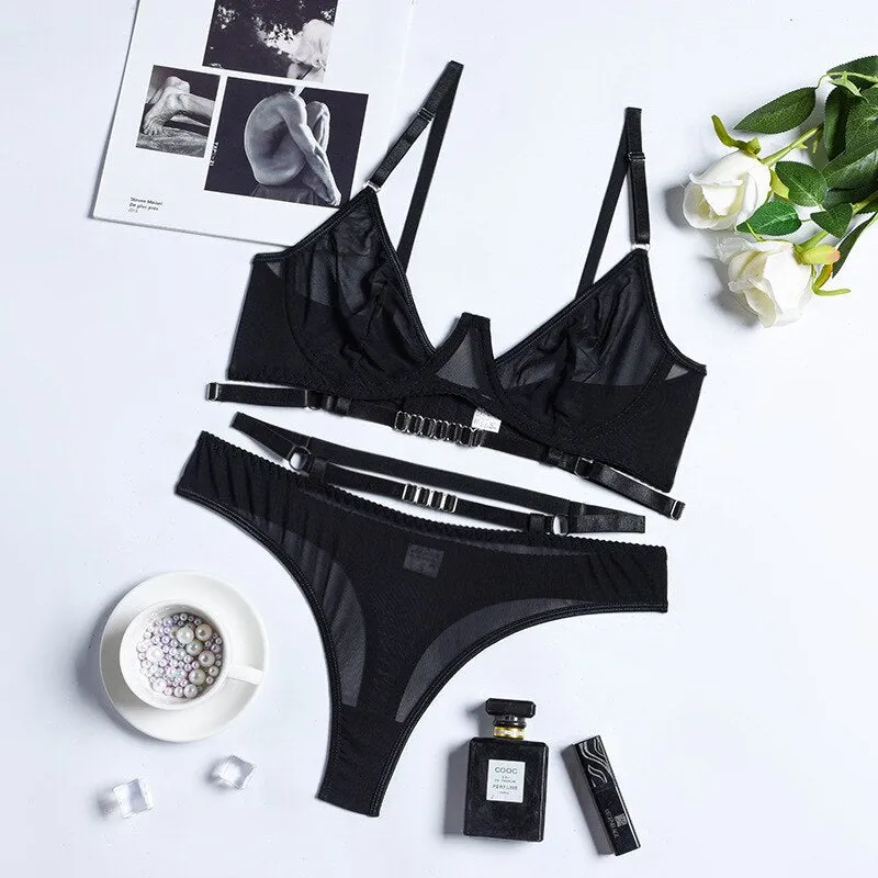 BerriesJam - 2-Piece Mesh Bra Set Cut Out Gothic Black Lingerie Set