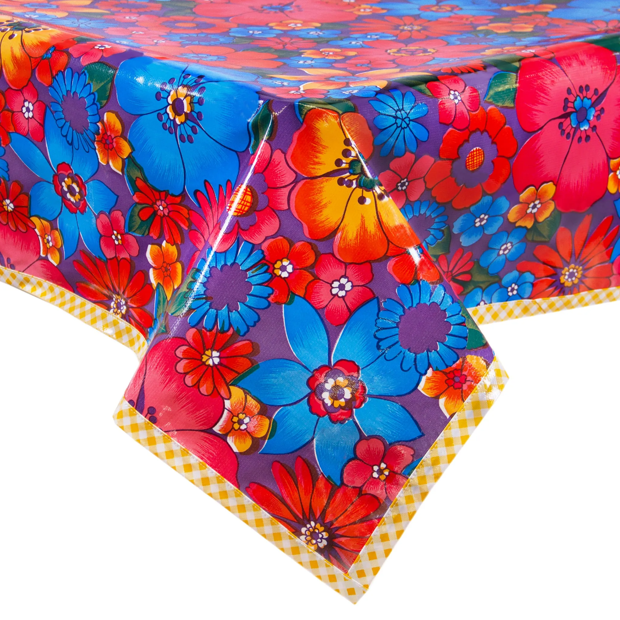 Betty's Bunch Purple Oilcloth Tablecloths with Yellow Gingham Trim