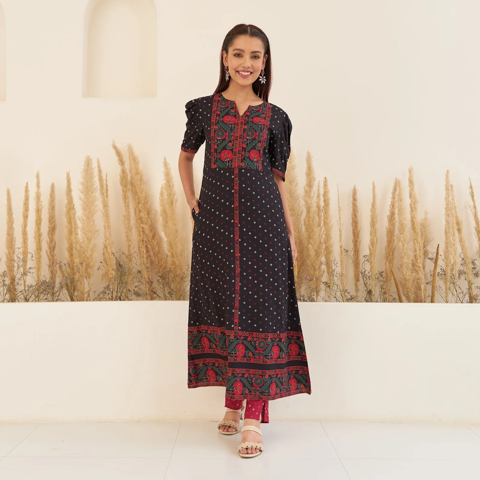 Black Bandhani Inspired Kurta Pant Co-ord Set for Women with Puff Sleeves
