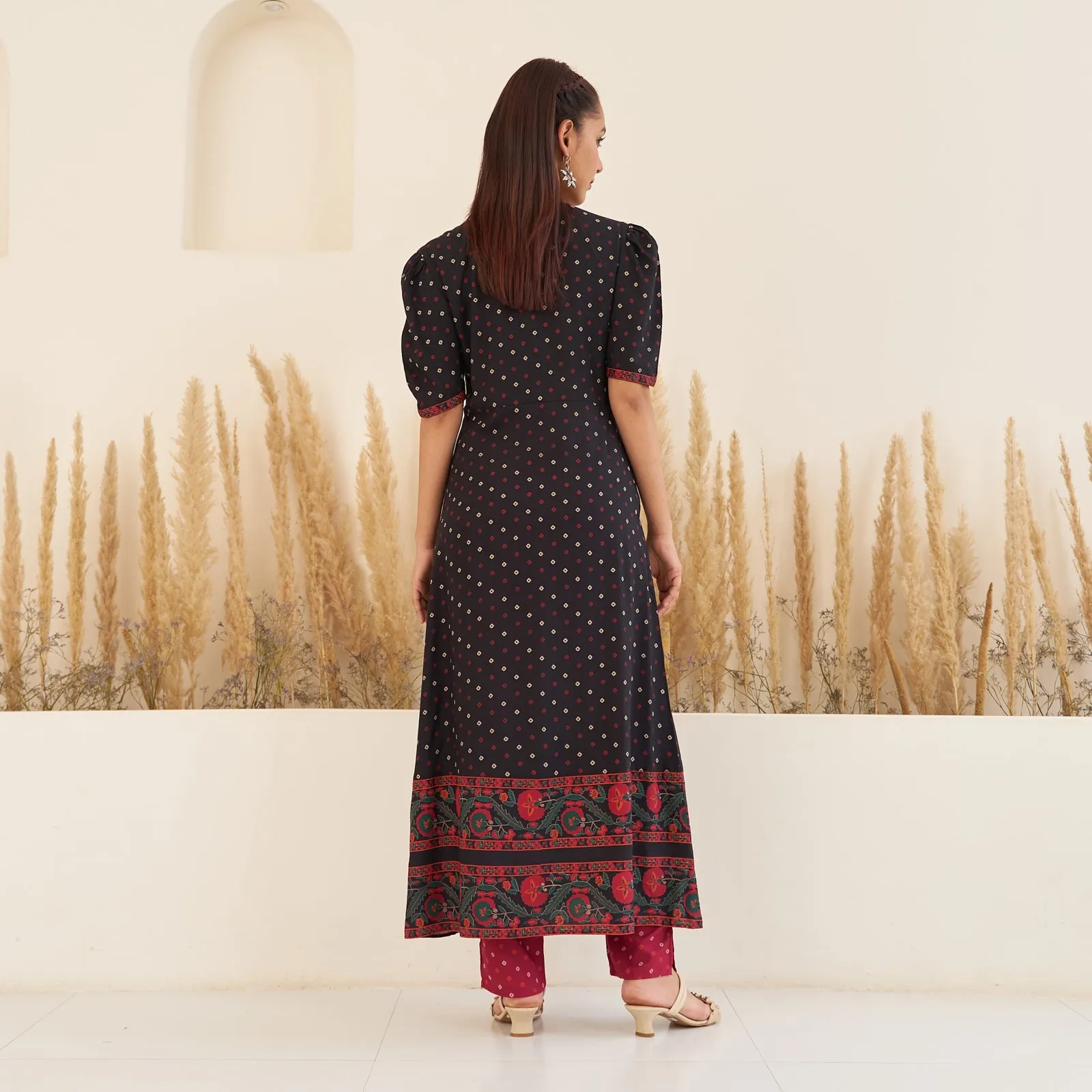Black Bandhani Inspired Kurta Pant Co-ord Set for Women with Puff Sleeves