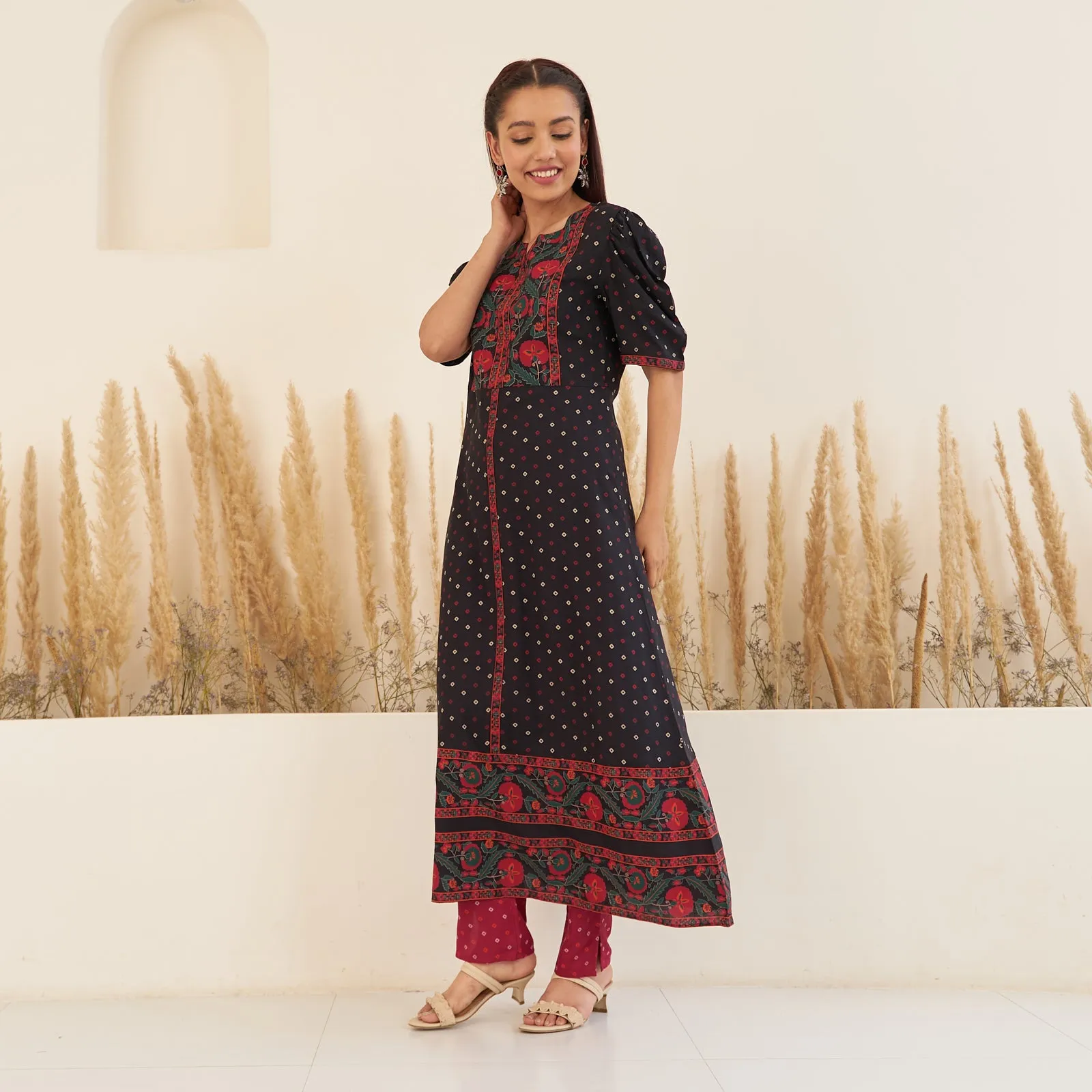 Black Bandhani Inspired Kurta Pant Co-ord Set for Women with Puff Sleeves