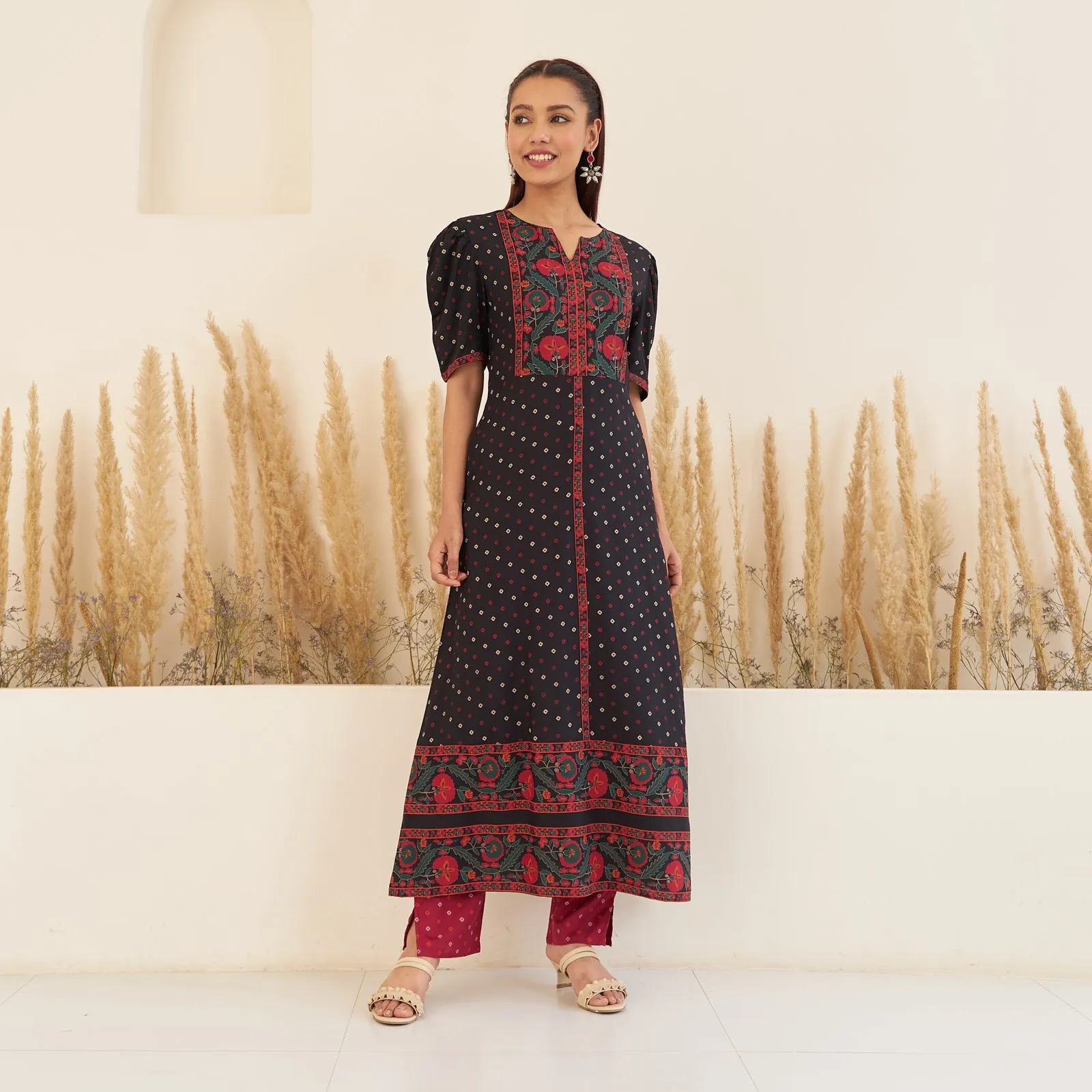 Black Bandhani Inspired Kurta Pant Co-ord Set for Women with Puff Sleeves