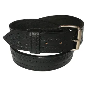 Black Tooled Check Pattern Genuine Leather Western Belt