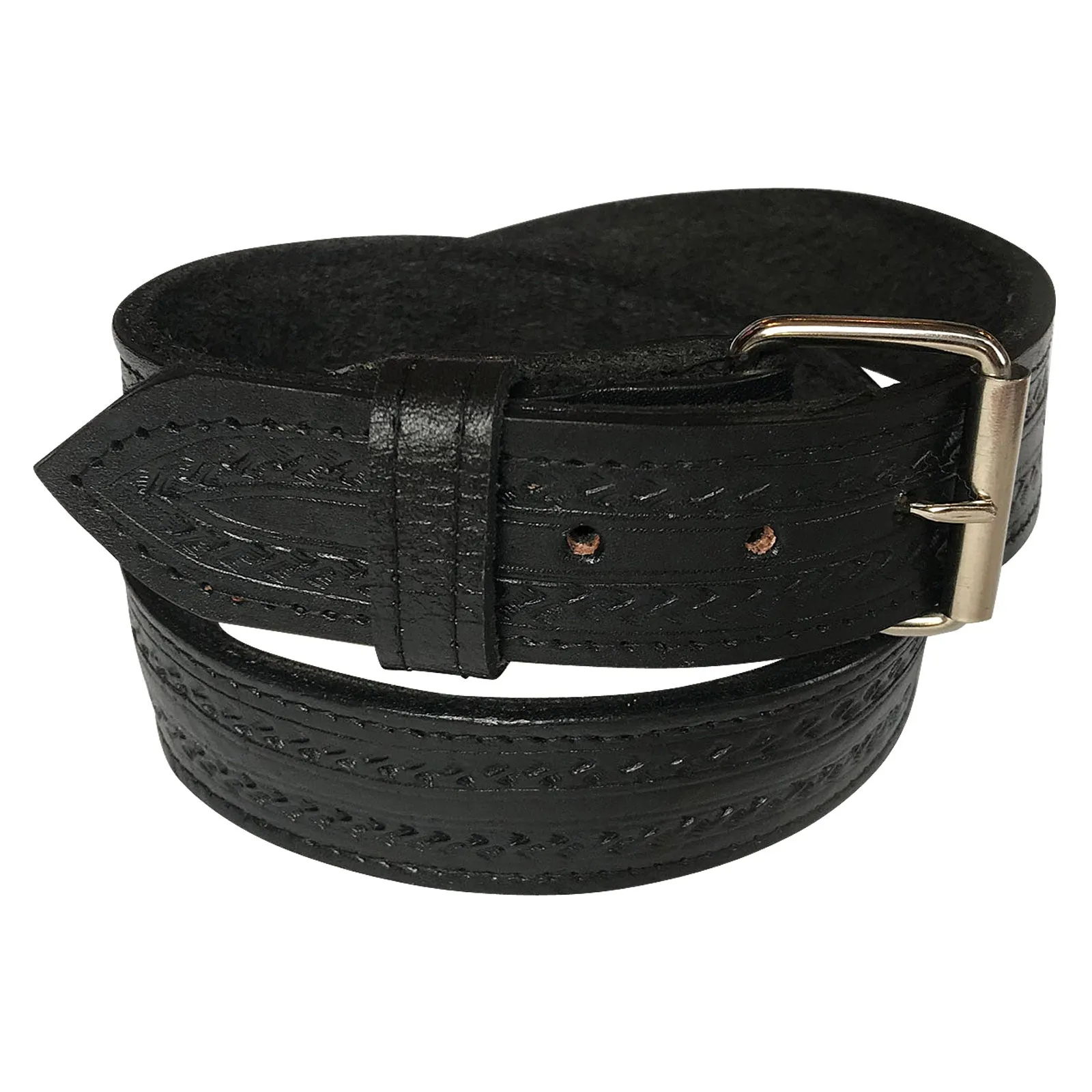 Black Tooled Check Pattern Genuine Leather Western Belt