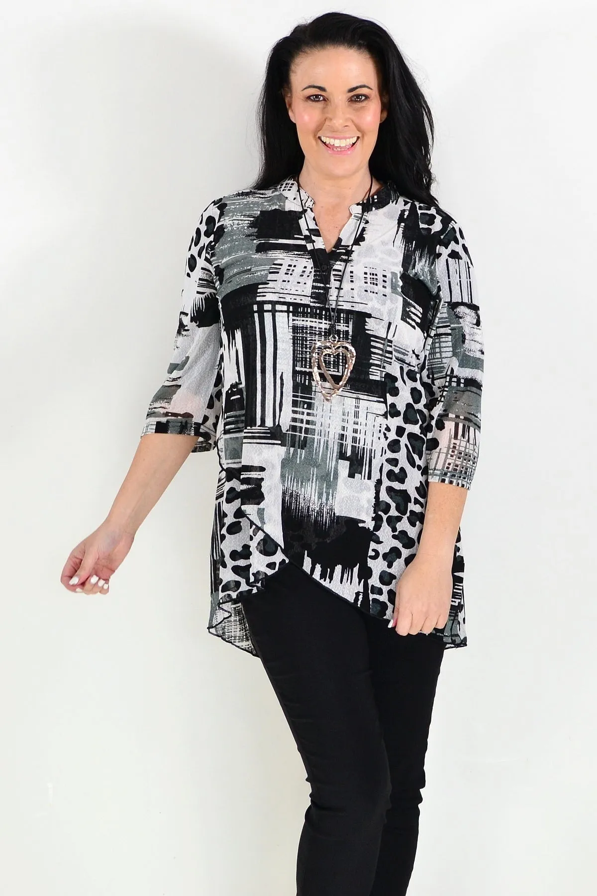 Black White Mesh Ladies Tunic Top