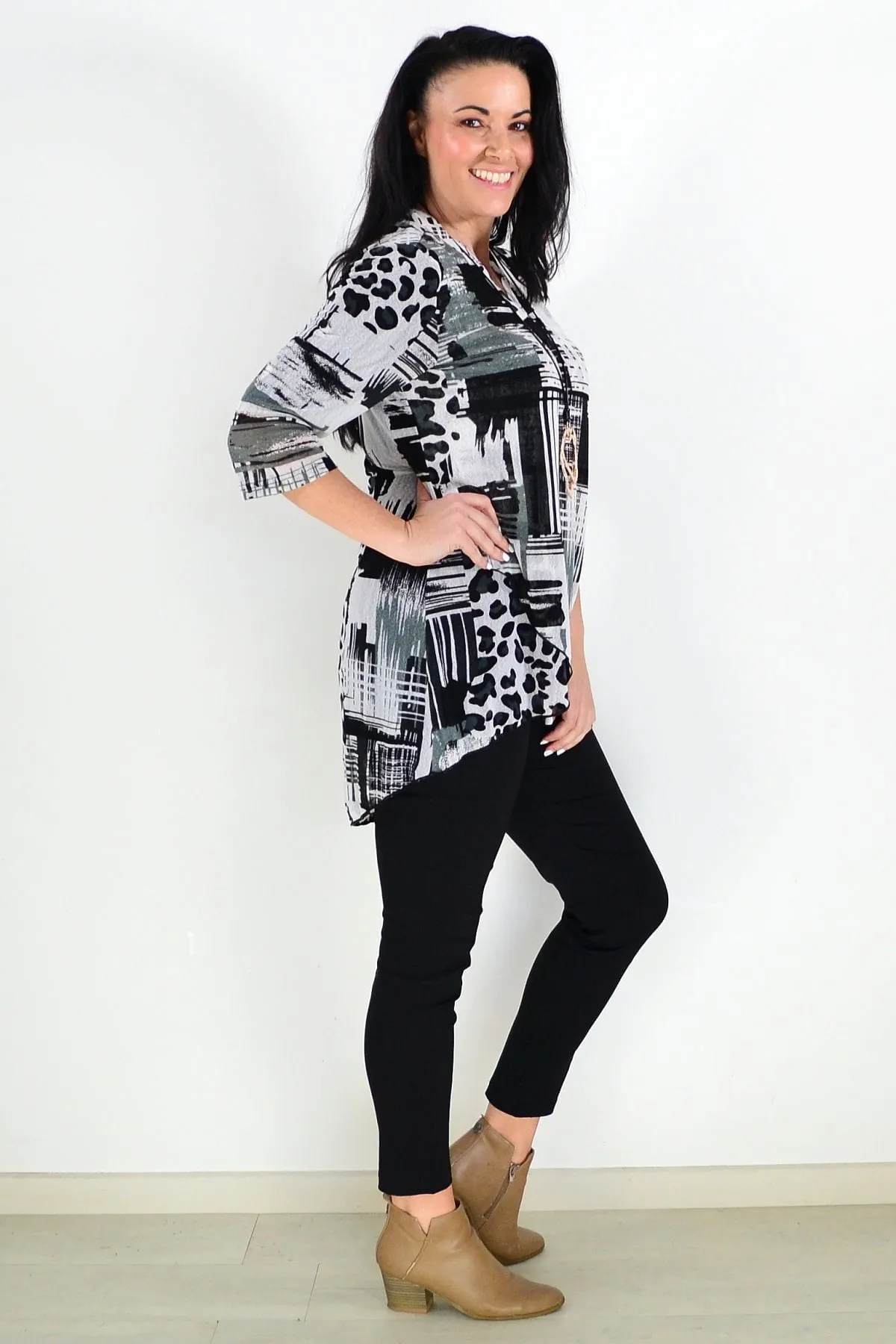 Black White Mesh Ladies Tunic Top