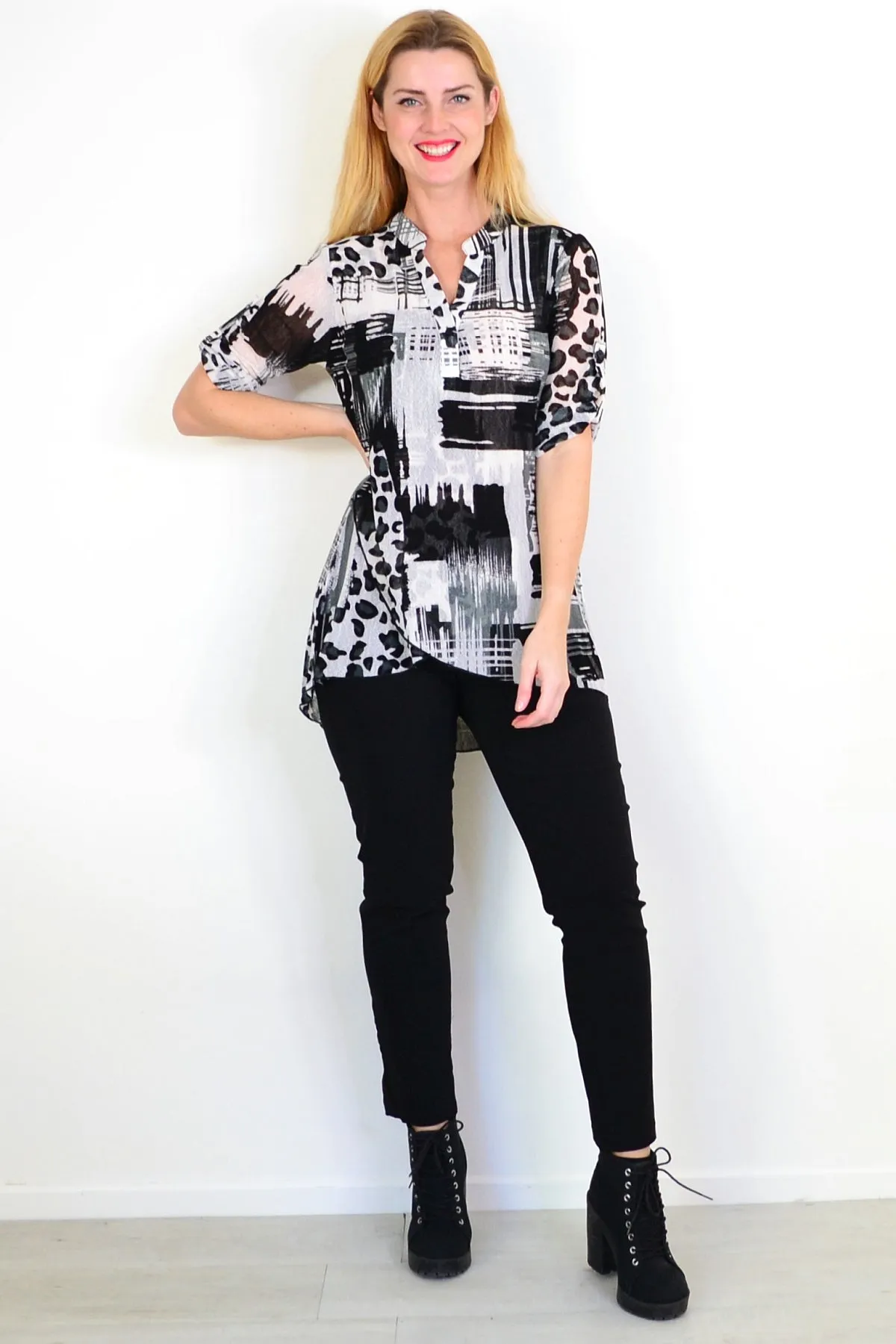 Black White Mesh Ladies Tunic Top