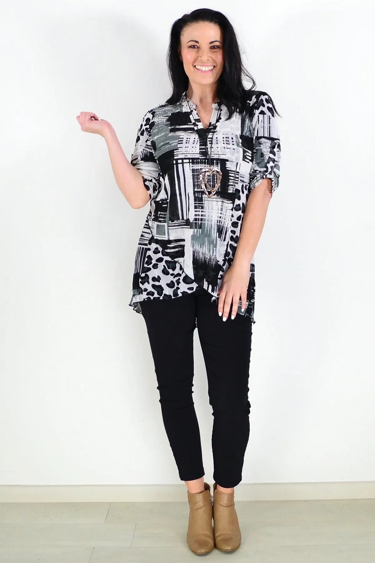 Black White Mesh Ladies Tunic Top