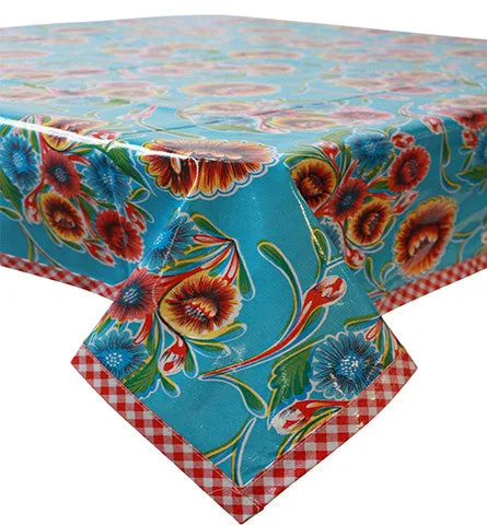 Bloom Light Blue Oilcloth Tablecloths with Yellow Gingham Trim