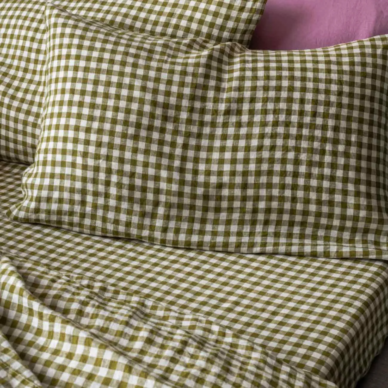 Botanical Green Gingham 100% Linen Pillowcases (Pair)