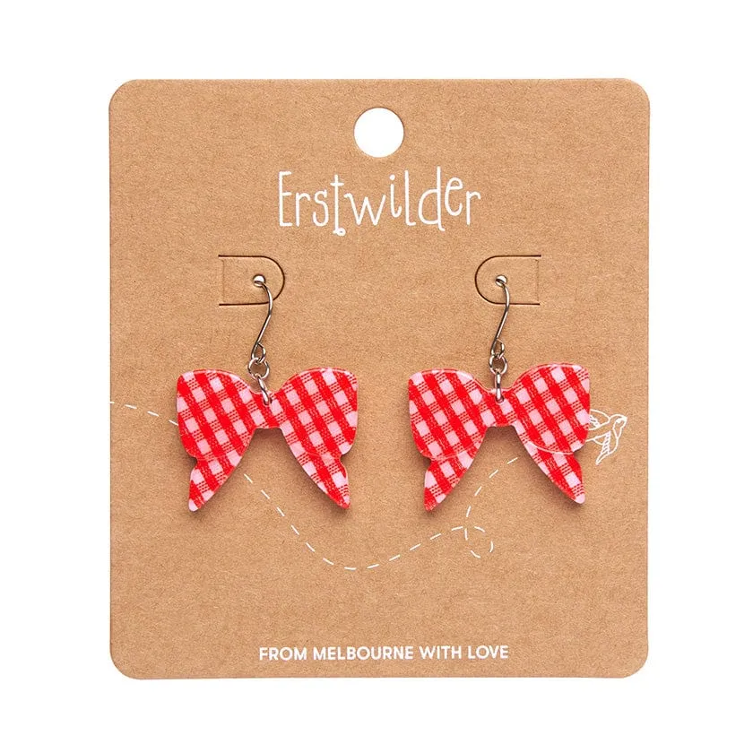 Bow Gingham Drop Earrings - Red