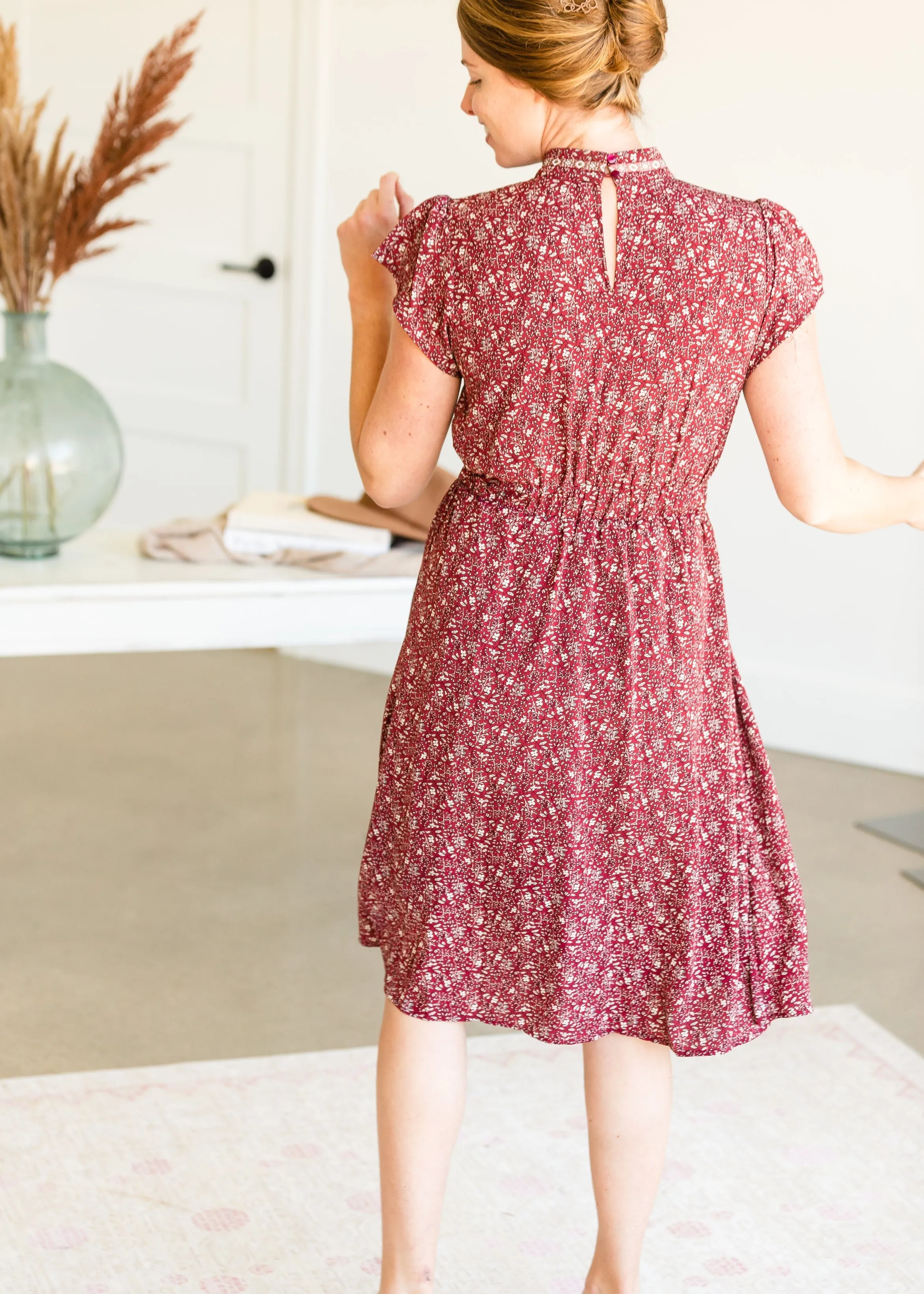 Burgundy Ditsy Print Floral Midi Dress - FINAL SALE