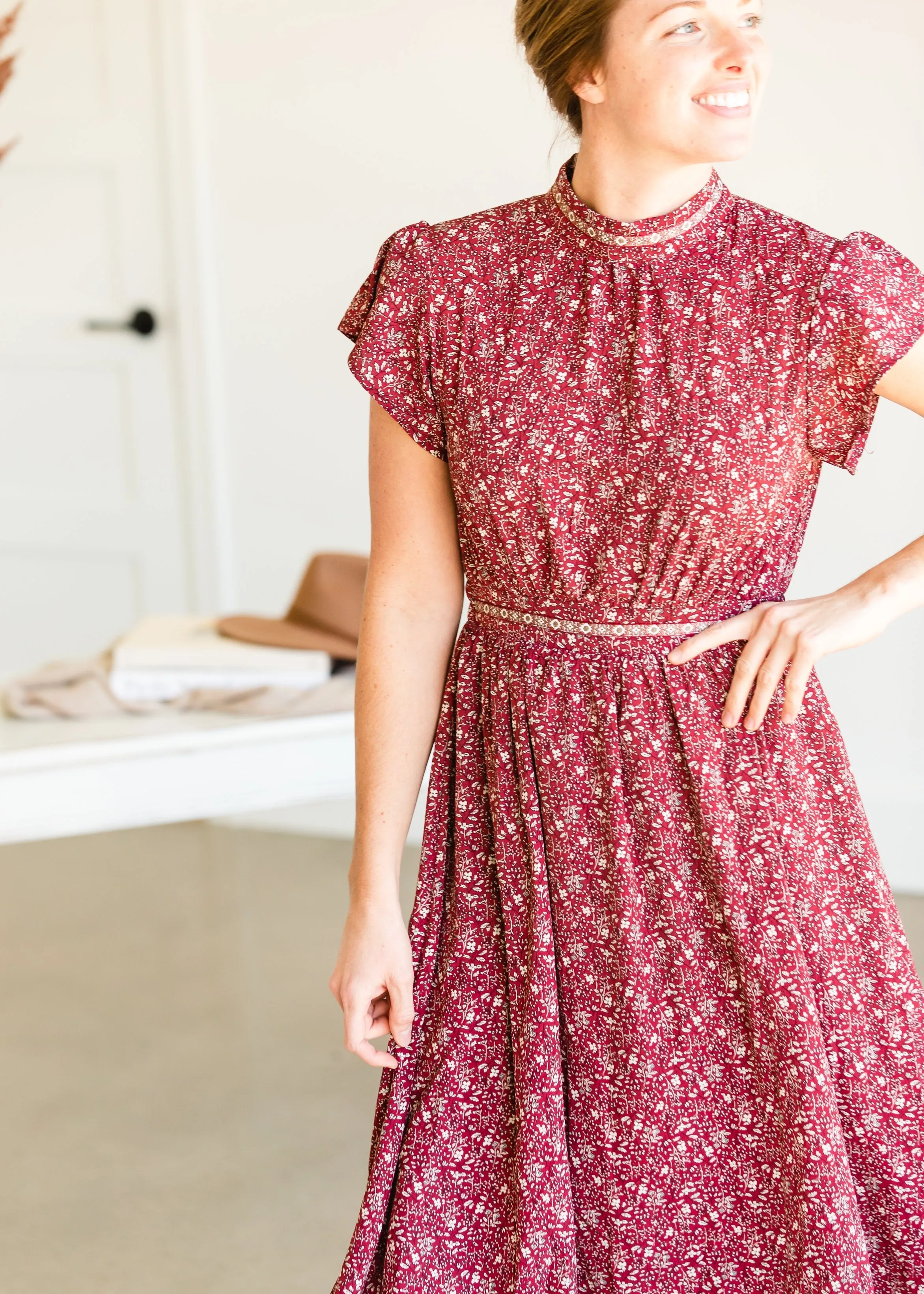 Burgundy Ditsy Print Floral Midi Dress - FINAL SALE