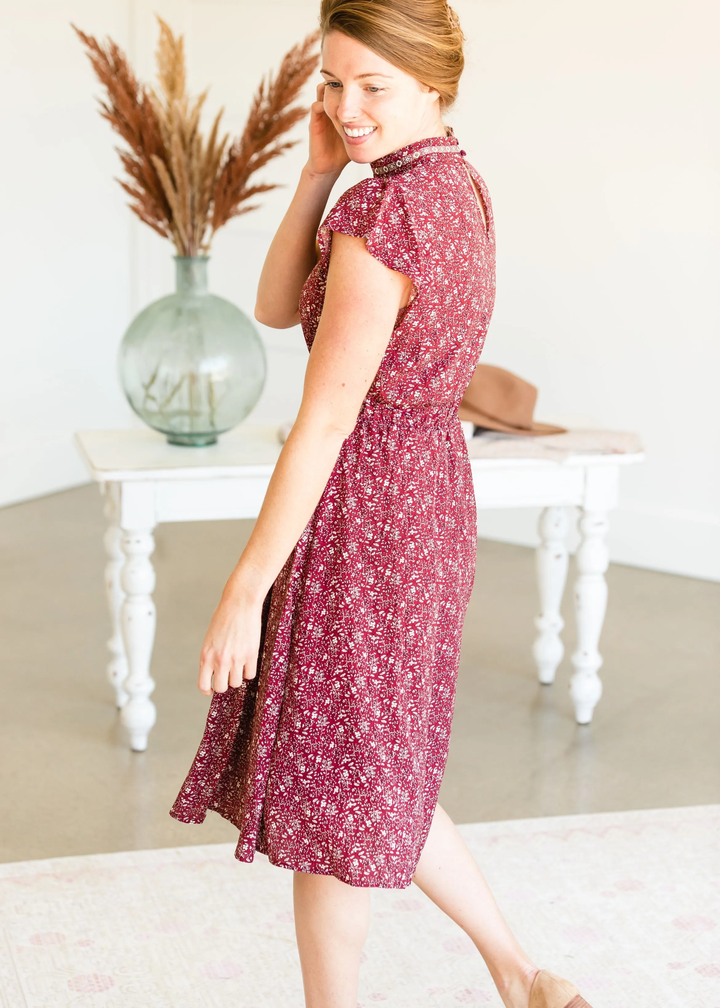 Burgundy Ditsy Print Floral Midi Dress - FINAL SALE