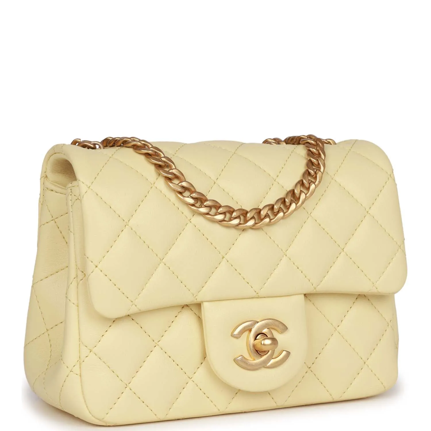 Chanel Camellia Crush Mini Square Flap Yellow Lambskin Antique Gold Hardware