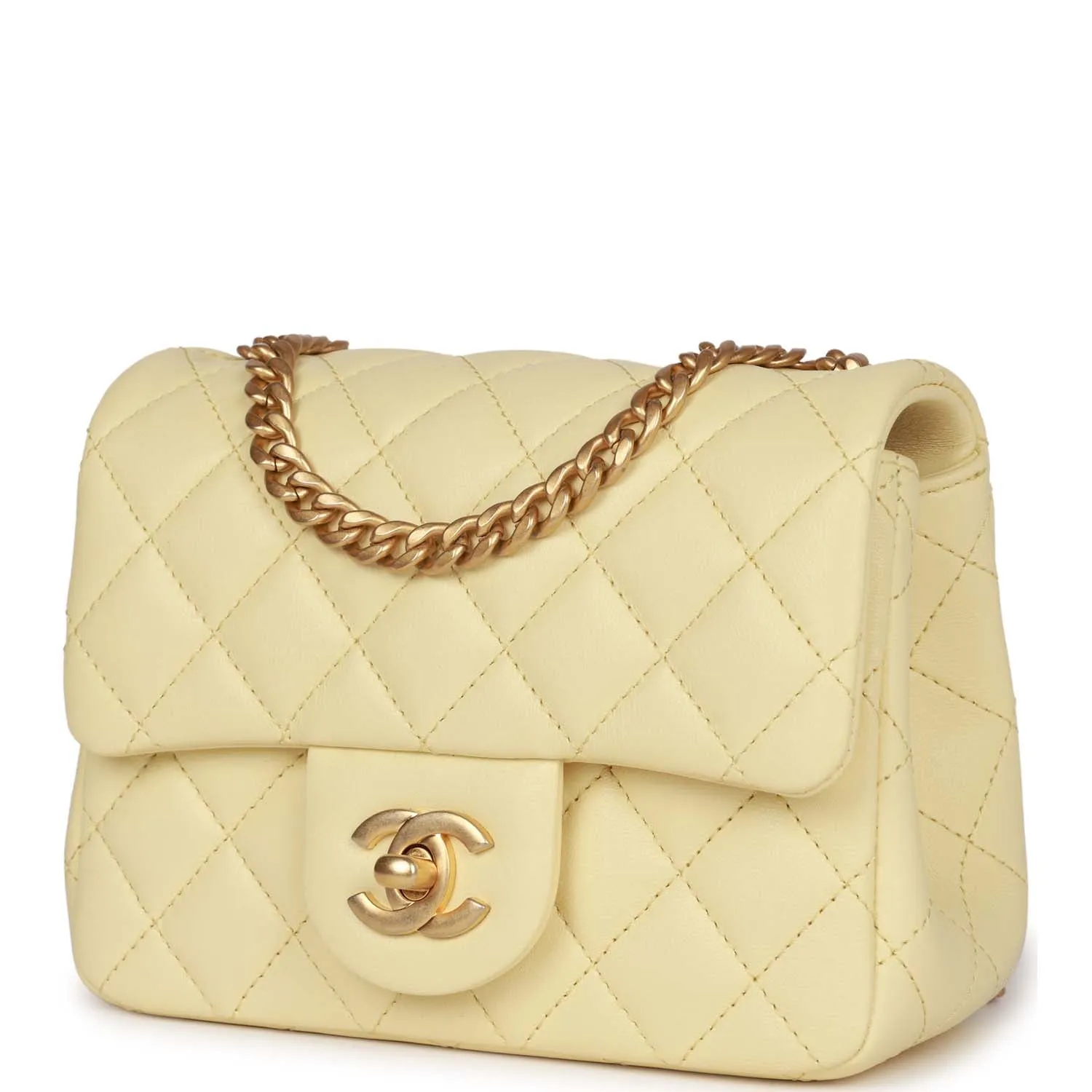 Chanel Camellia Crush Mini Square Flap Yellow Lambskin Antique Gold Hardware