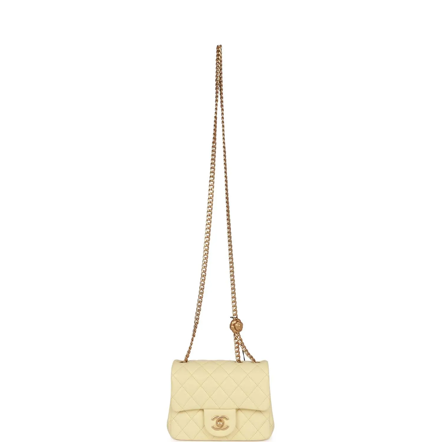 Chanel Camellia Crush Mini Square Flap Yellow Lambskin Antique Gold Hardware