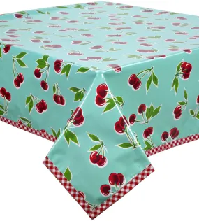 Cherry Aqua Oilcloth Tablecloths with Red Gingham Trim