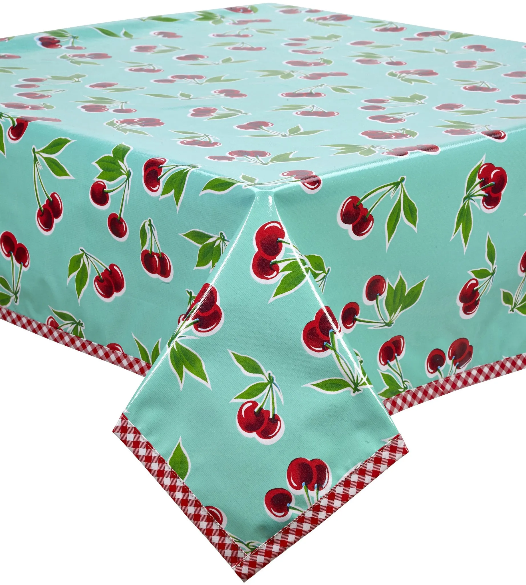 Cherry Aqua Oilcloth Tablecloths with Red Gingham Trim
