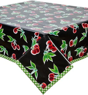 Cherry Black Oilcloth Tablecloths with Lime Gingham Trim