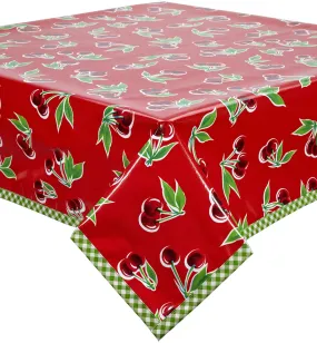 Cherry Red Oilcloth Tablecloths with Lime Gingham Trim